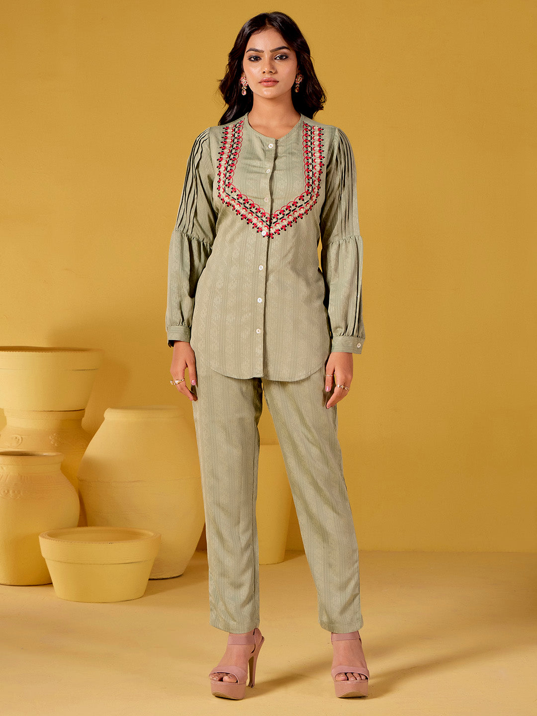 Olive Green Self Design Embroidered Festive Co-ord Set