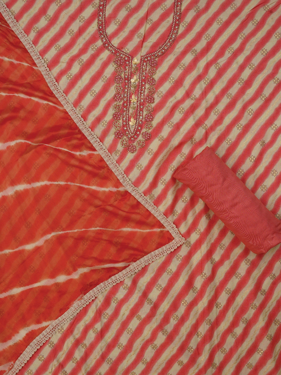 Leheriya Printed Embroidered Multicolor Dress Material with Dupatta