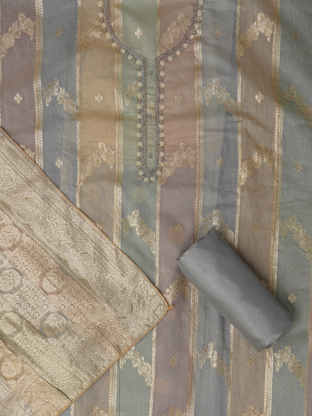 Unstitched Woven Design Silk Blend Multicolor Dress Material With Dupatta