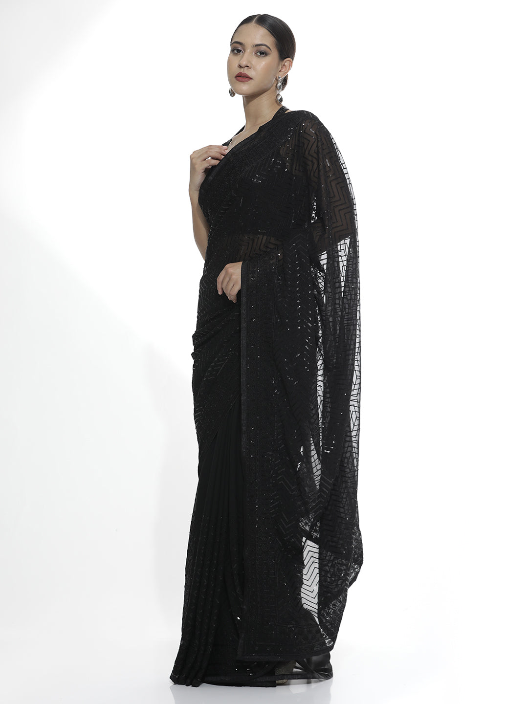 Pure Georgette Black Sequins Saree