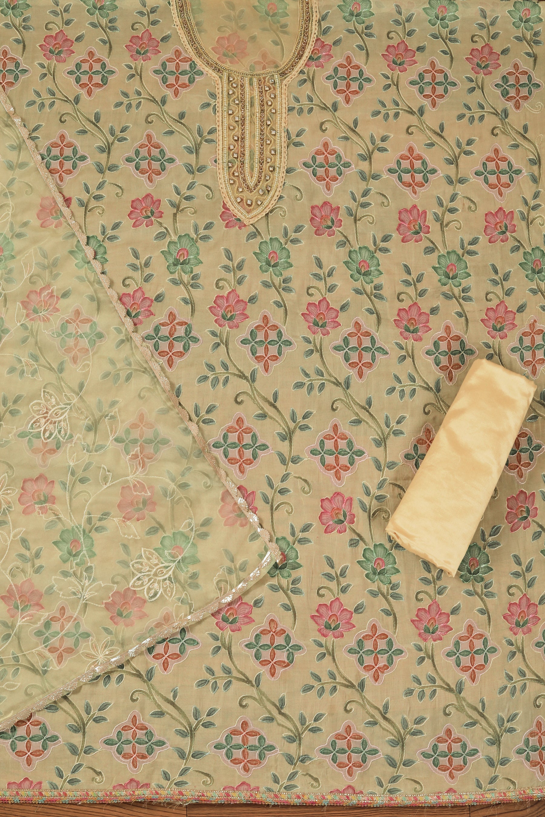 Yellow Cotton Blend Embellished Dress Material with Dupatta