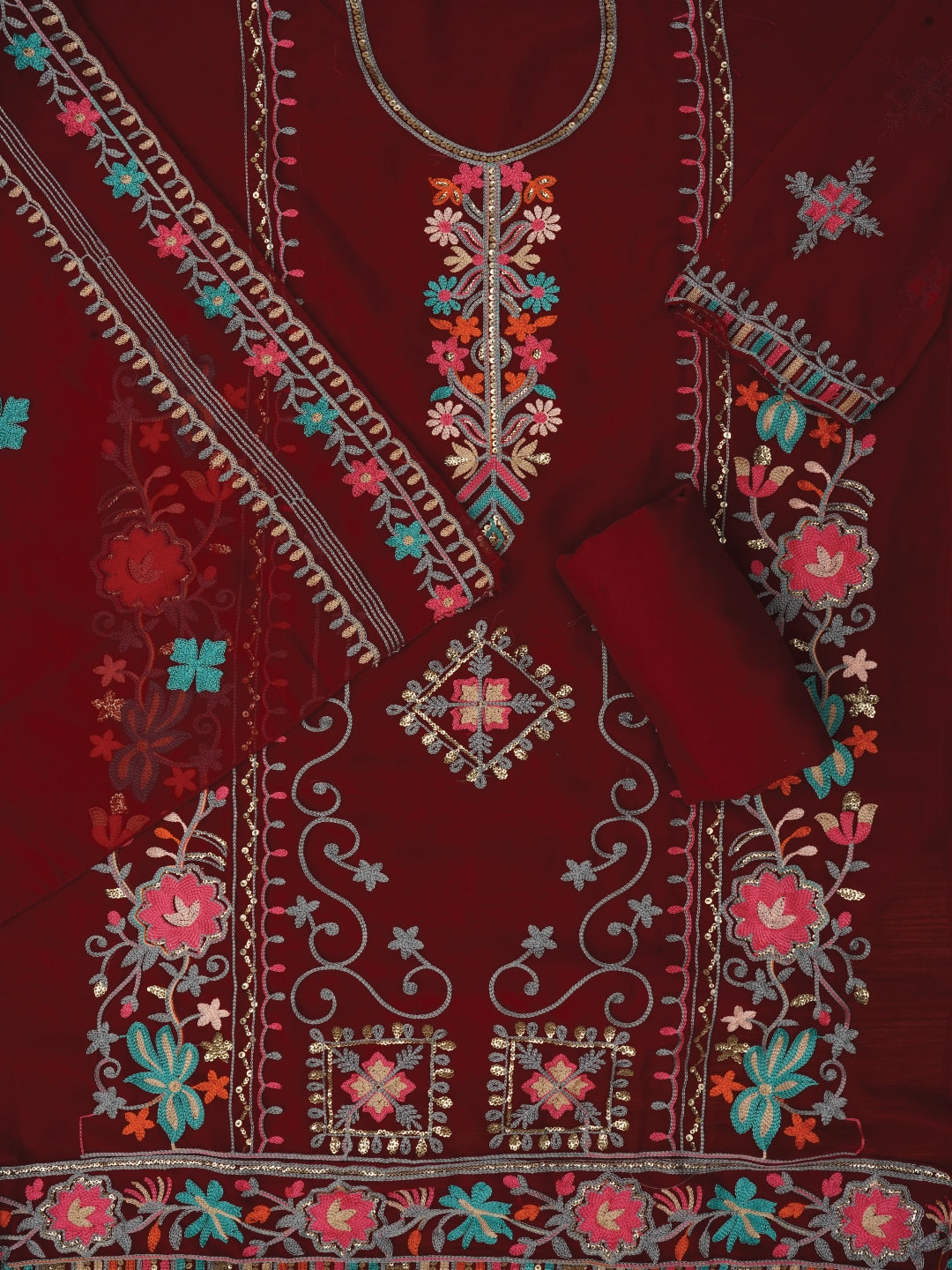 Red Sequin Embroidered Silk Georgette Dress Material with Dupatta