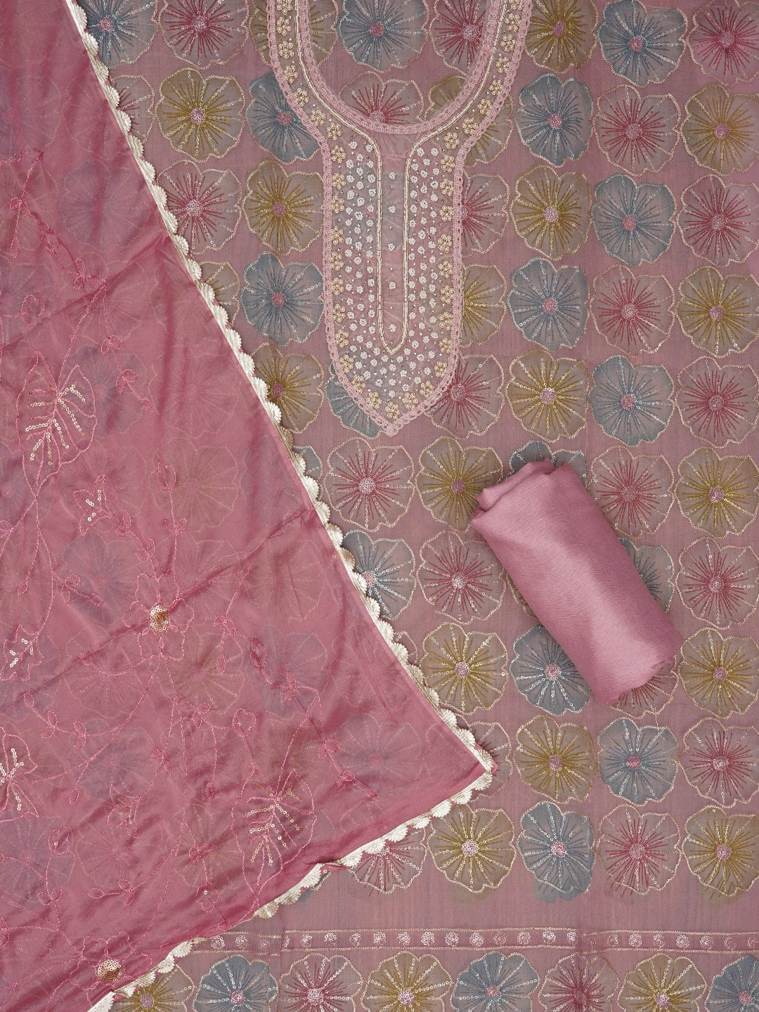 Pink Floral Sequin Embroidered Organza Dress Material with Dupatta