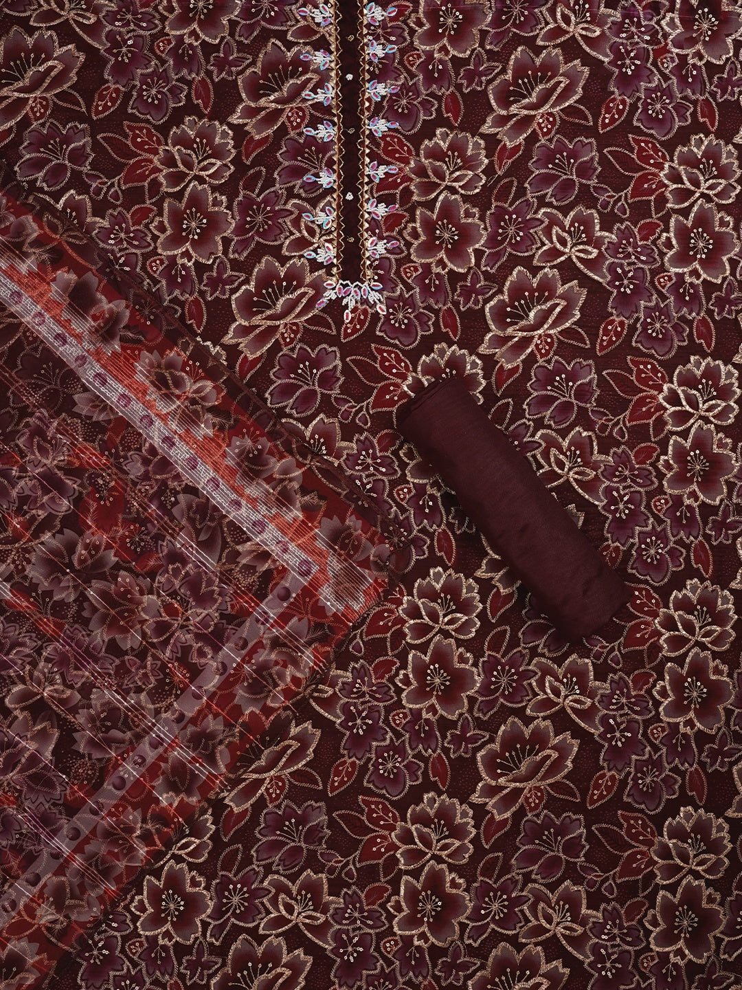 Red Unstitched Embellished Organza Dress Material With Dupatta