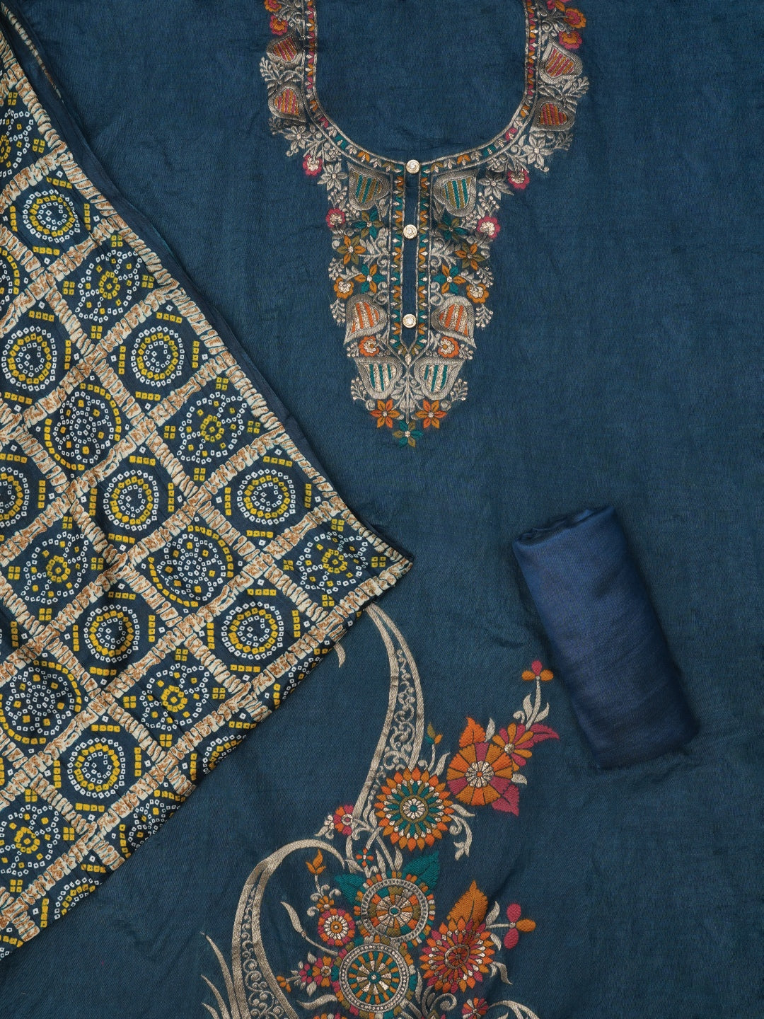 Teal Blue Unstitched Zari Silk Blend Dress Material With Dupatta