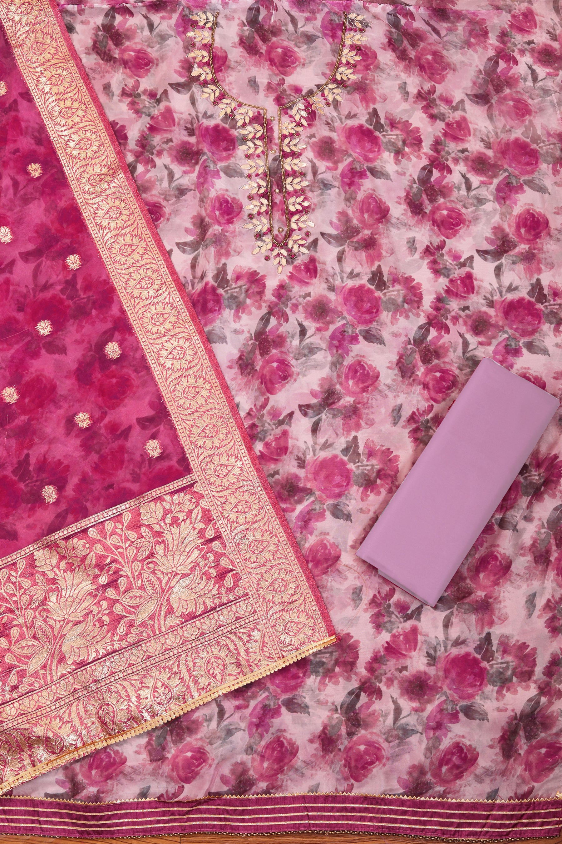 Unstitched Pink Floral Printed Gota Patti Dress Material With Dupatta