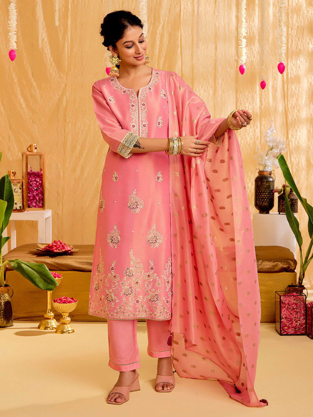 Pink Floral Zardozi Work Kurta Set With Dupatta