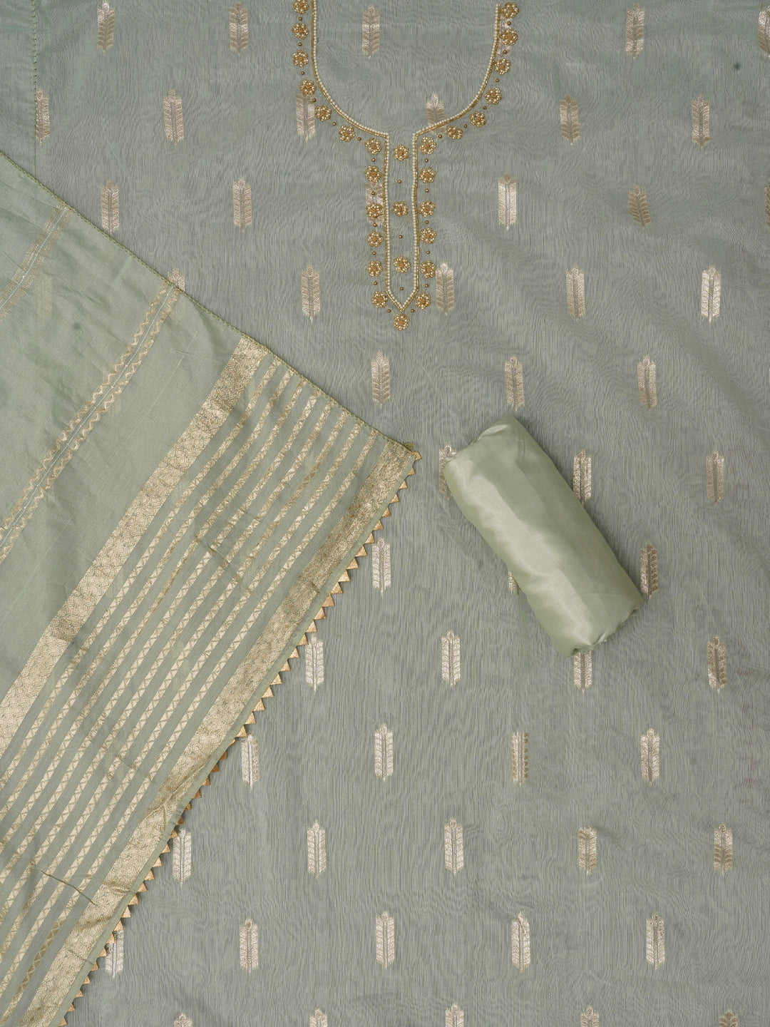 Light Green Unstitched Zari Silk Blend Dress Material With Dupatta