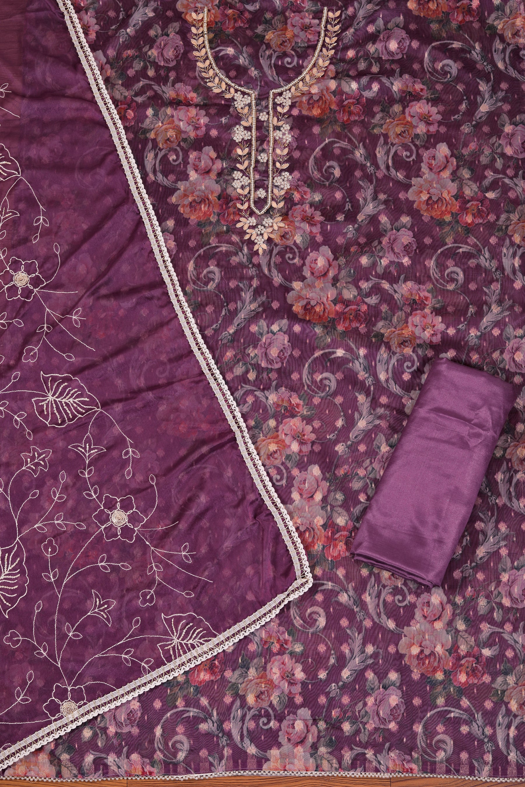 Wine Embellished Zari Woven Dress Material with Dupatta