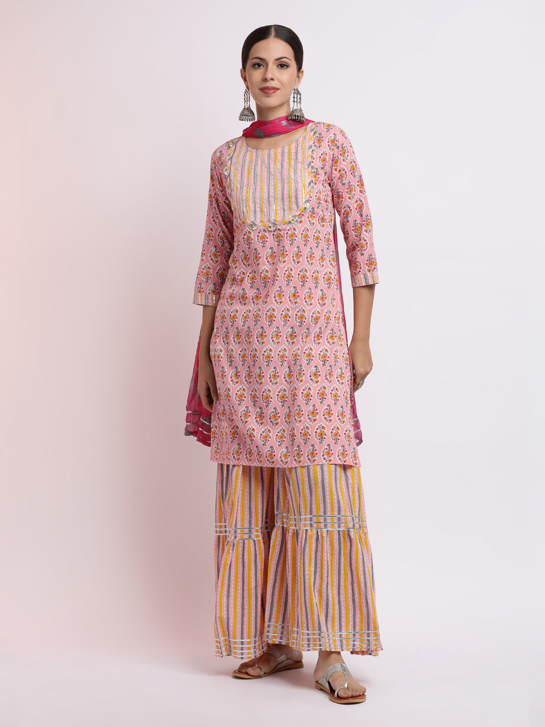 Floral Printed Pure Cotton Kurta With Sharara And Dupatta