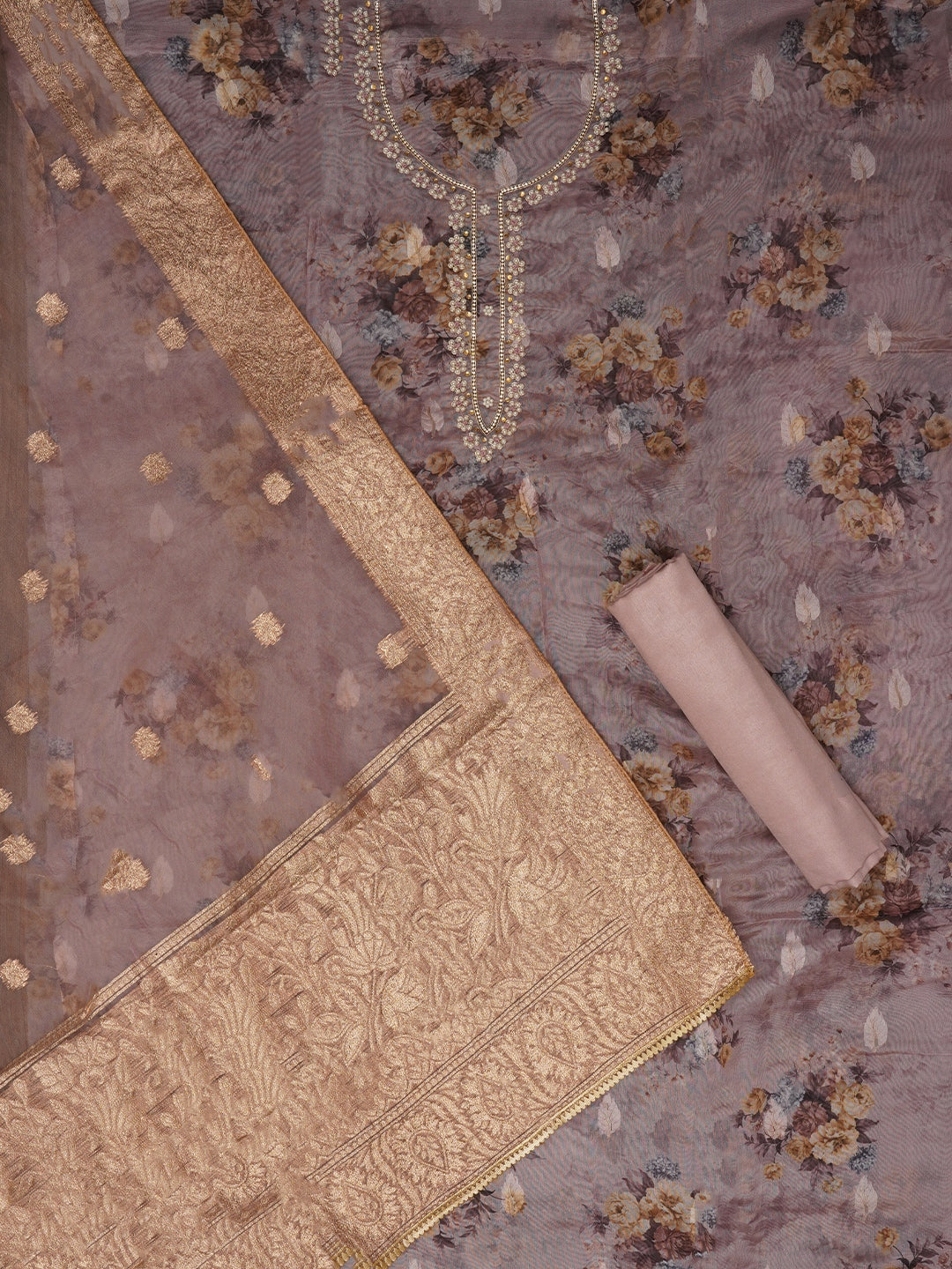 Rose Gold Embellished Floral Printed Organza Dress Material with Dupatta