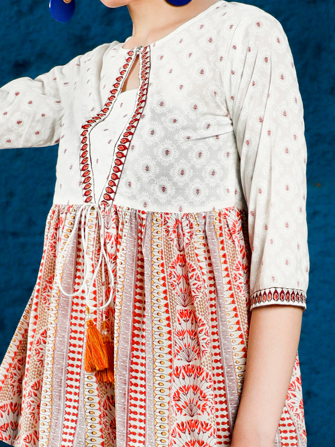 Ethnic Printed White And Maroon Peplum Top