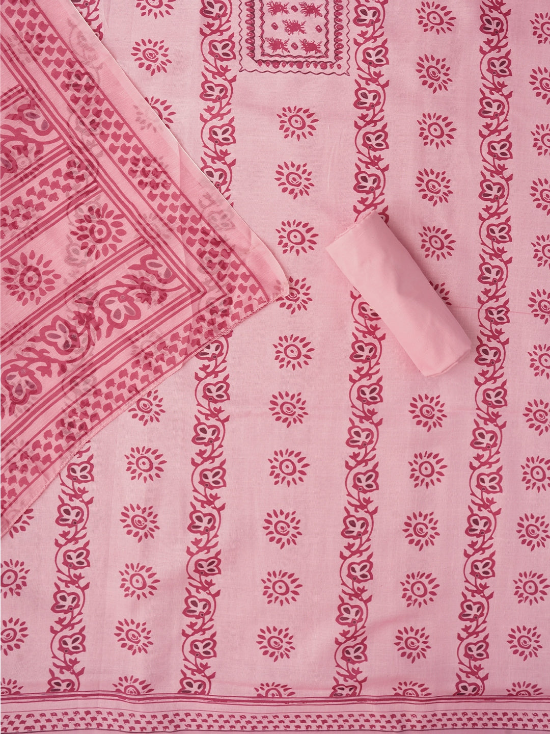 Pink Floral Printed Cotton Blend Dress Material with Dupatta