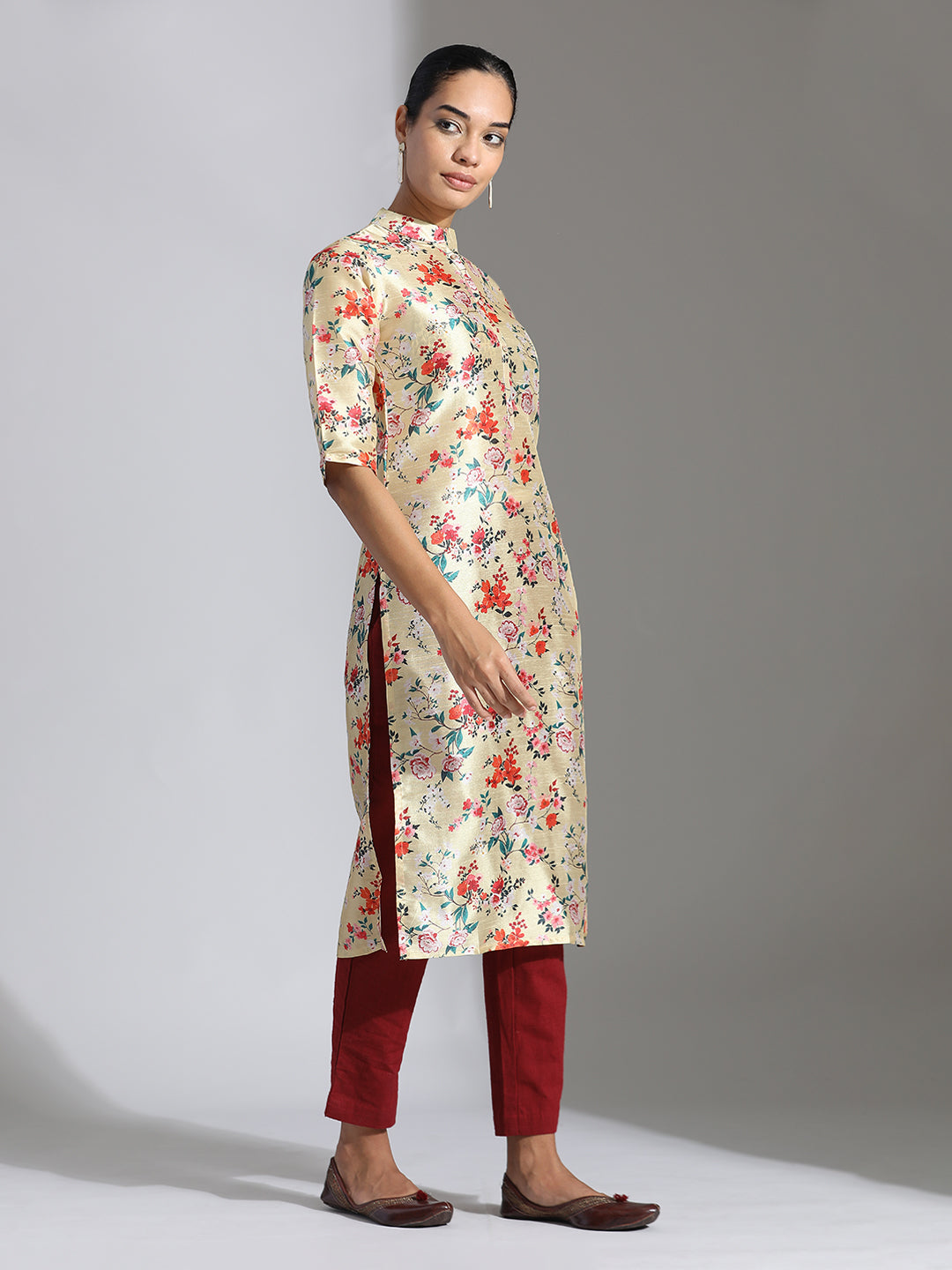 Yellow Floral Printed Poly Chanderi Kurta