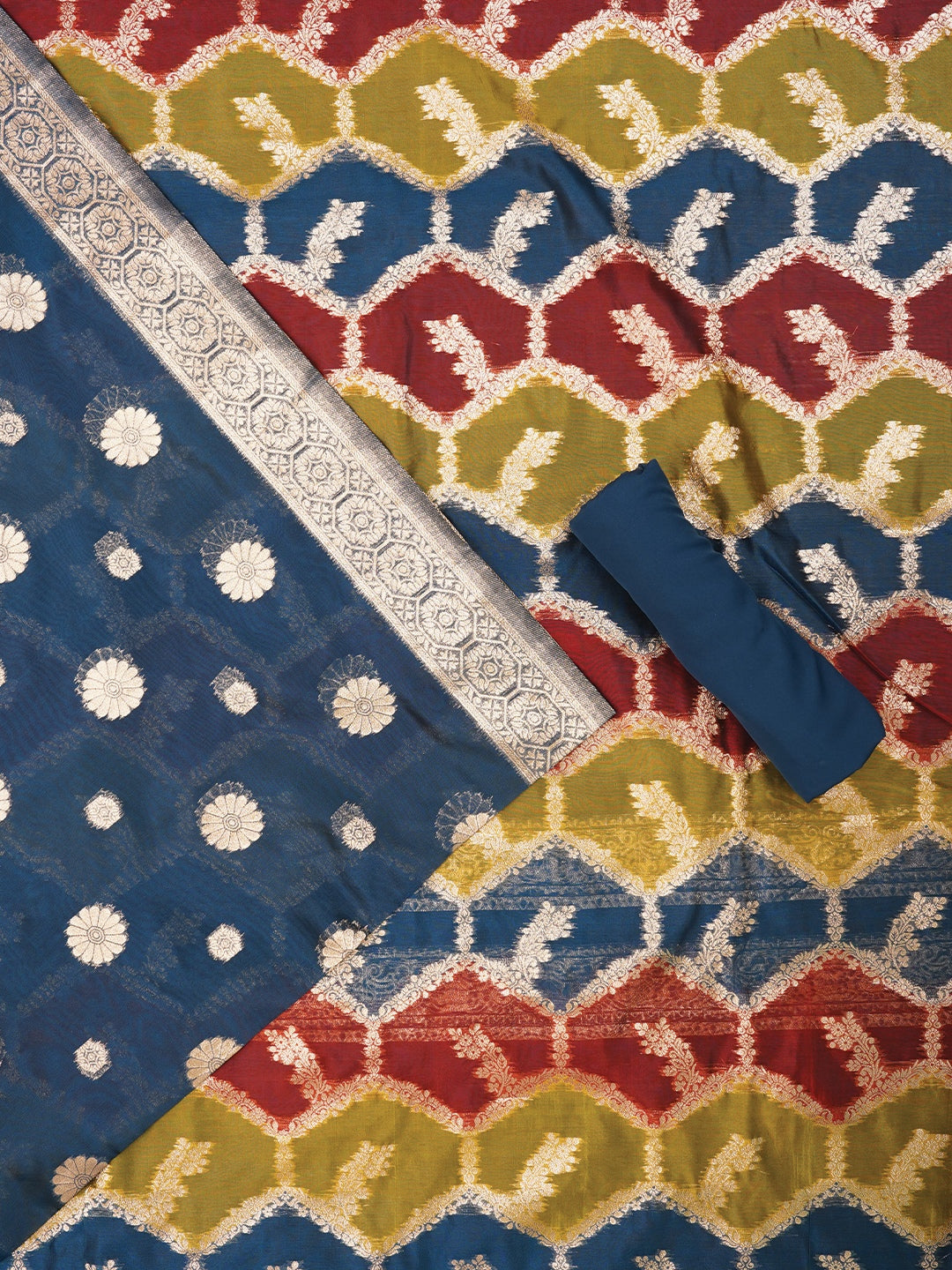 Teal Unstitched Zari Woven Organza Dress Material With Dupatta