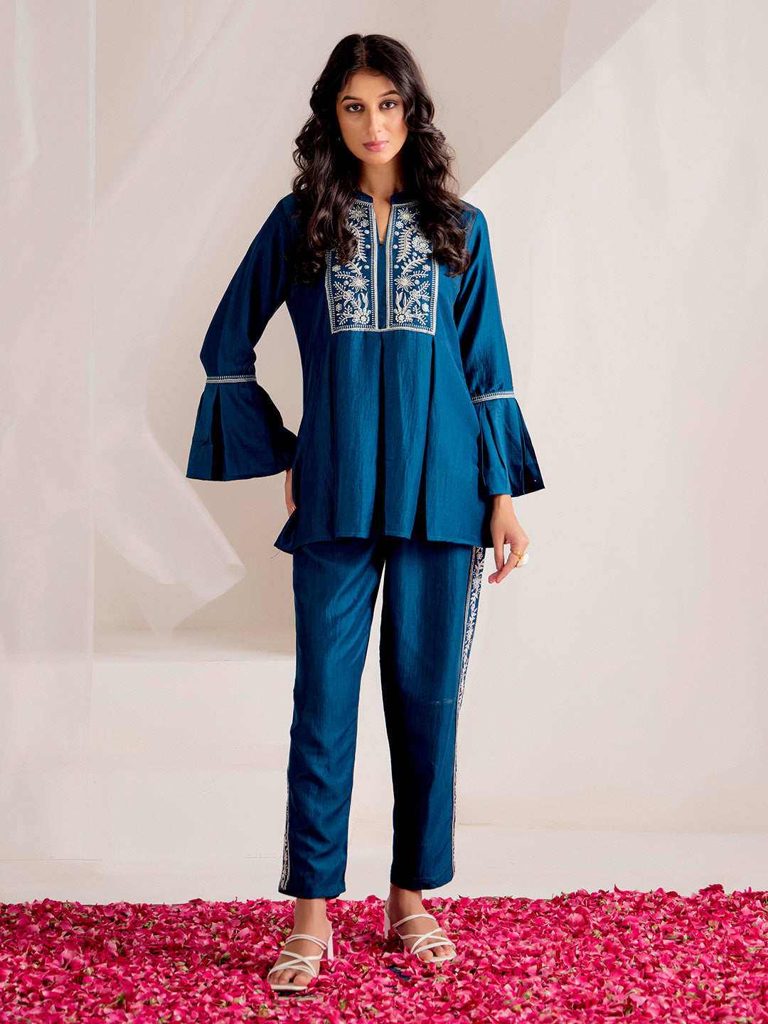 Teal Chinon Floral Embroidered Top With Trousers Co-ord Set