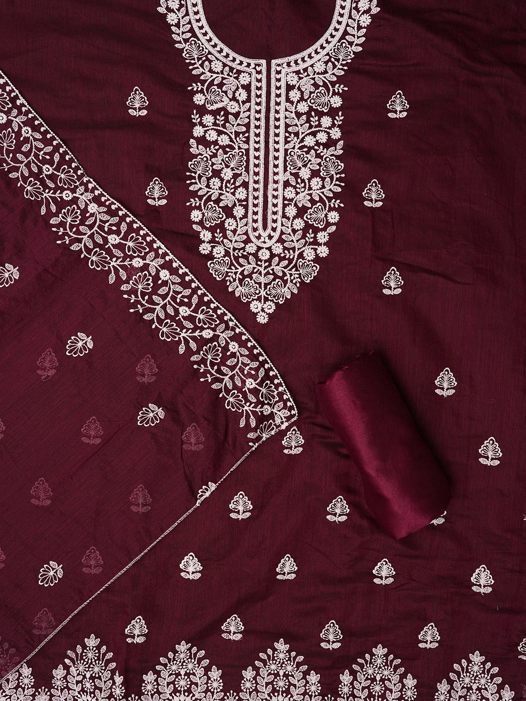 Unstitched Purple Embroidered Cotton Blend Dress Material With Dupatta