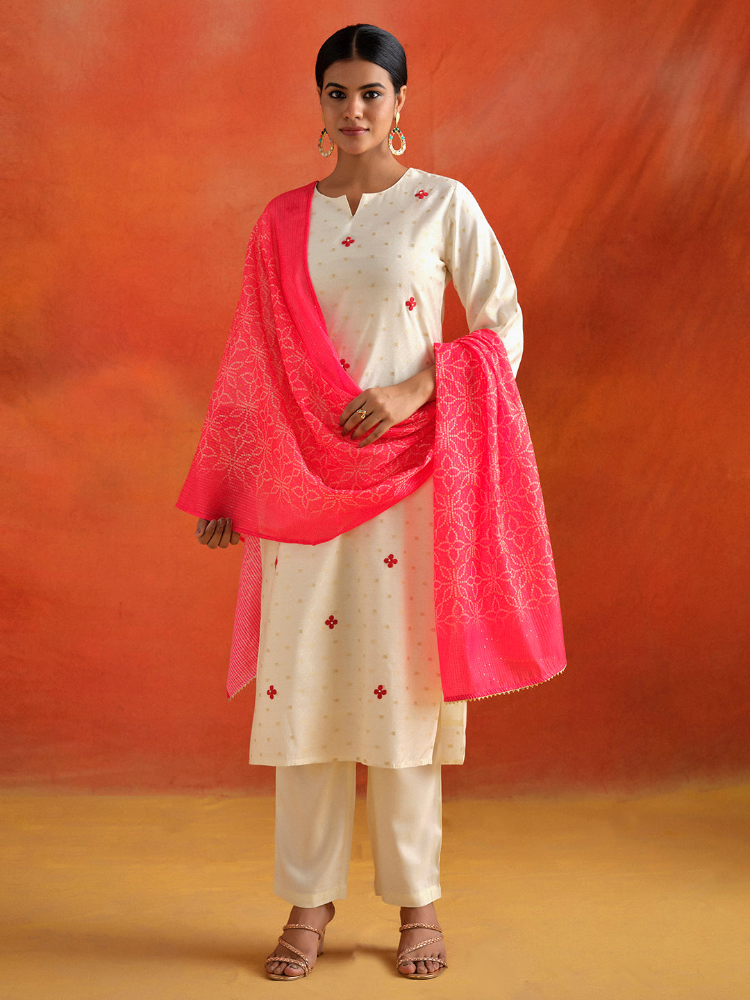 White Chanderi Jacquard Festive Kurta Set With Dupatta