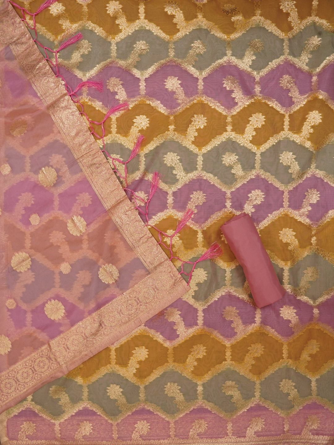 Pink Unstitched Zari Woven Organza Dress Material With Dupatta