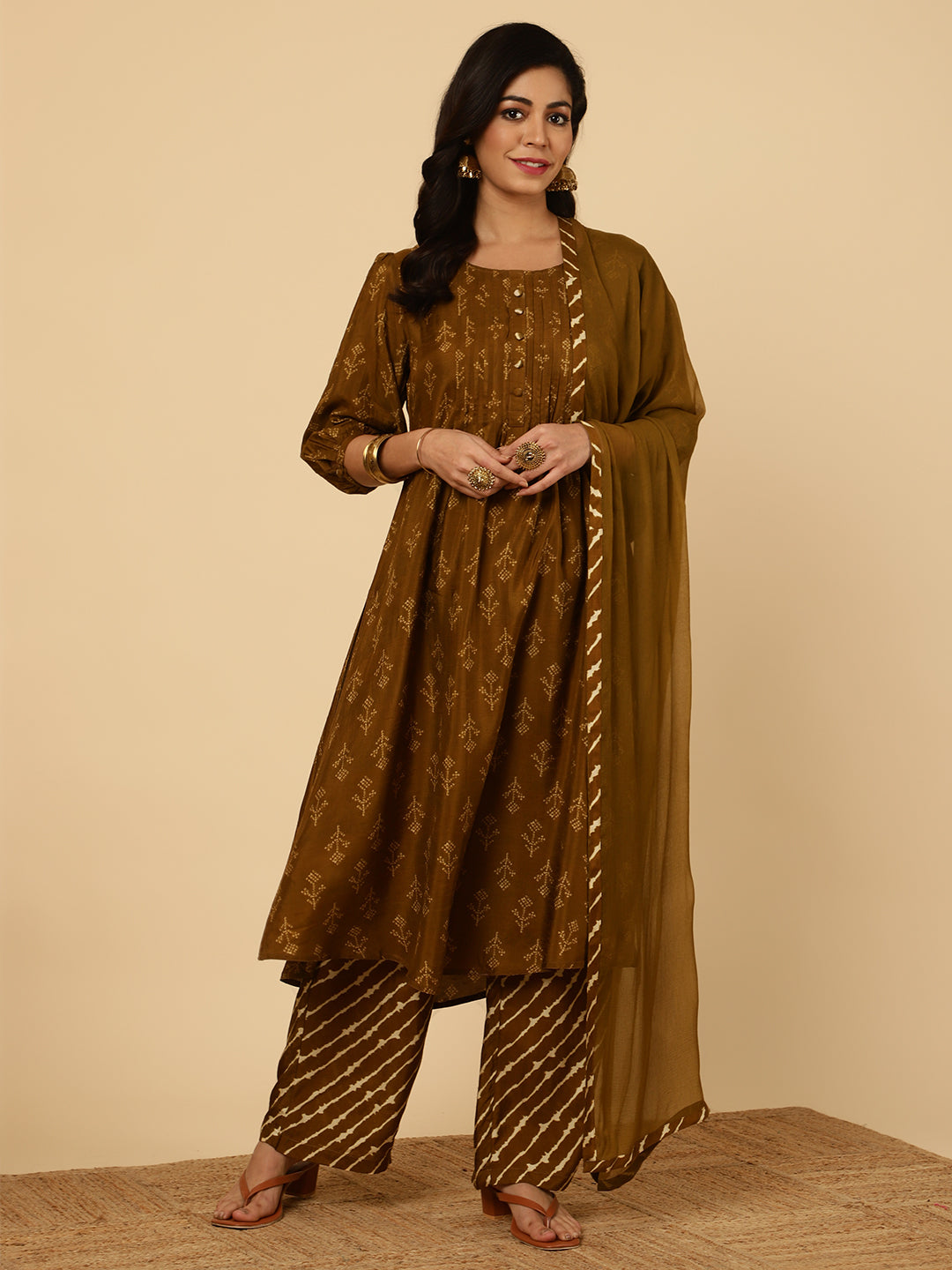 Brown Dola Silk Pleated Bandhani Kurta With Palazzo And Dupatta
