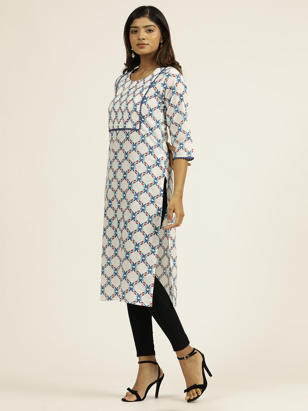 Cotton Blue Ethnic Printed White Straight Kurta