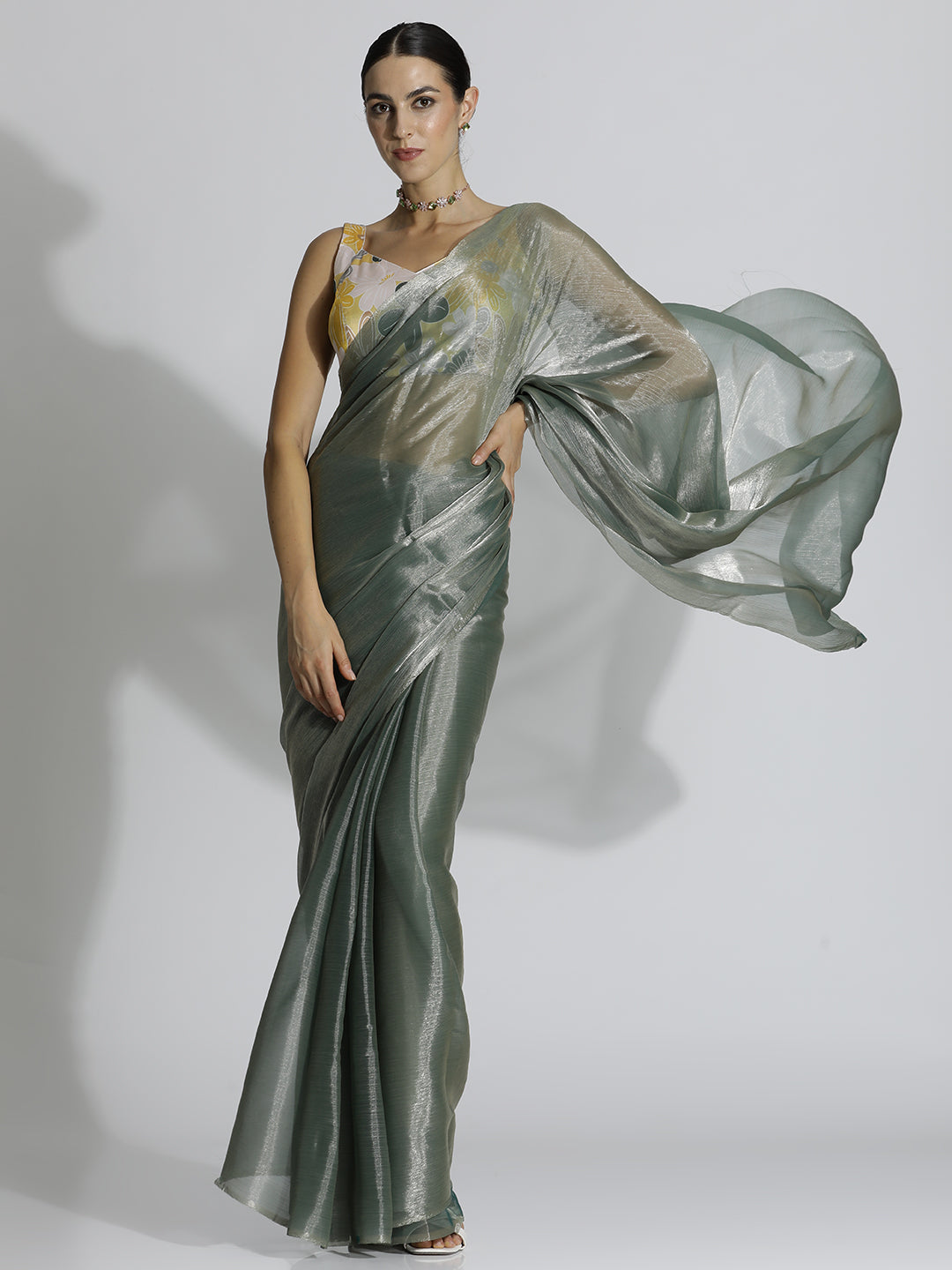 Olive Festive Tissue Solid Saree