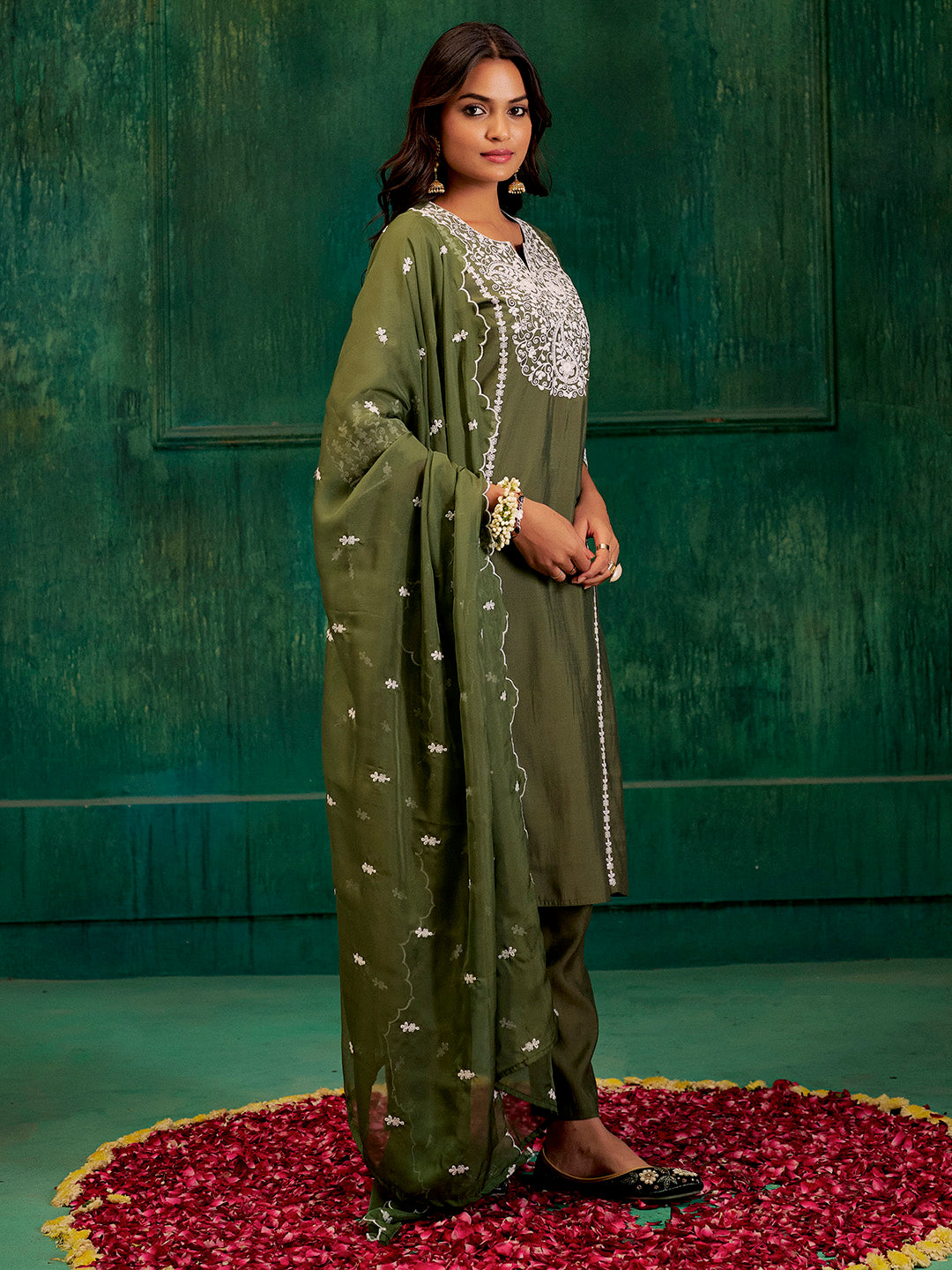 Dark Green Resham Embroidered Festive Kurta Set With Dupatta