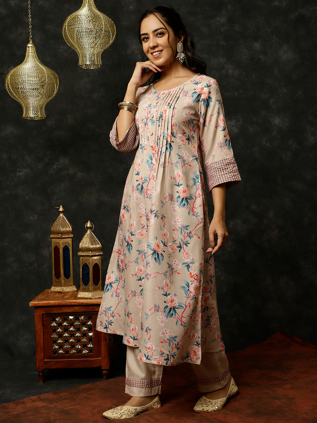 Embroidered Beige Rose Print Pleated Pakistani Kurta With Pants And Dupatta
