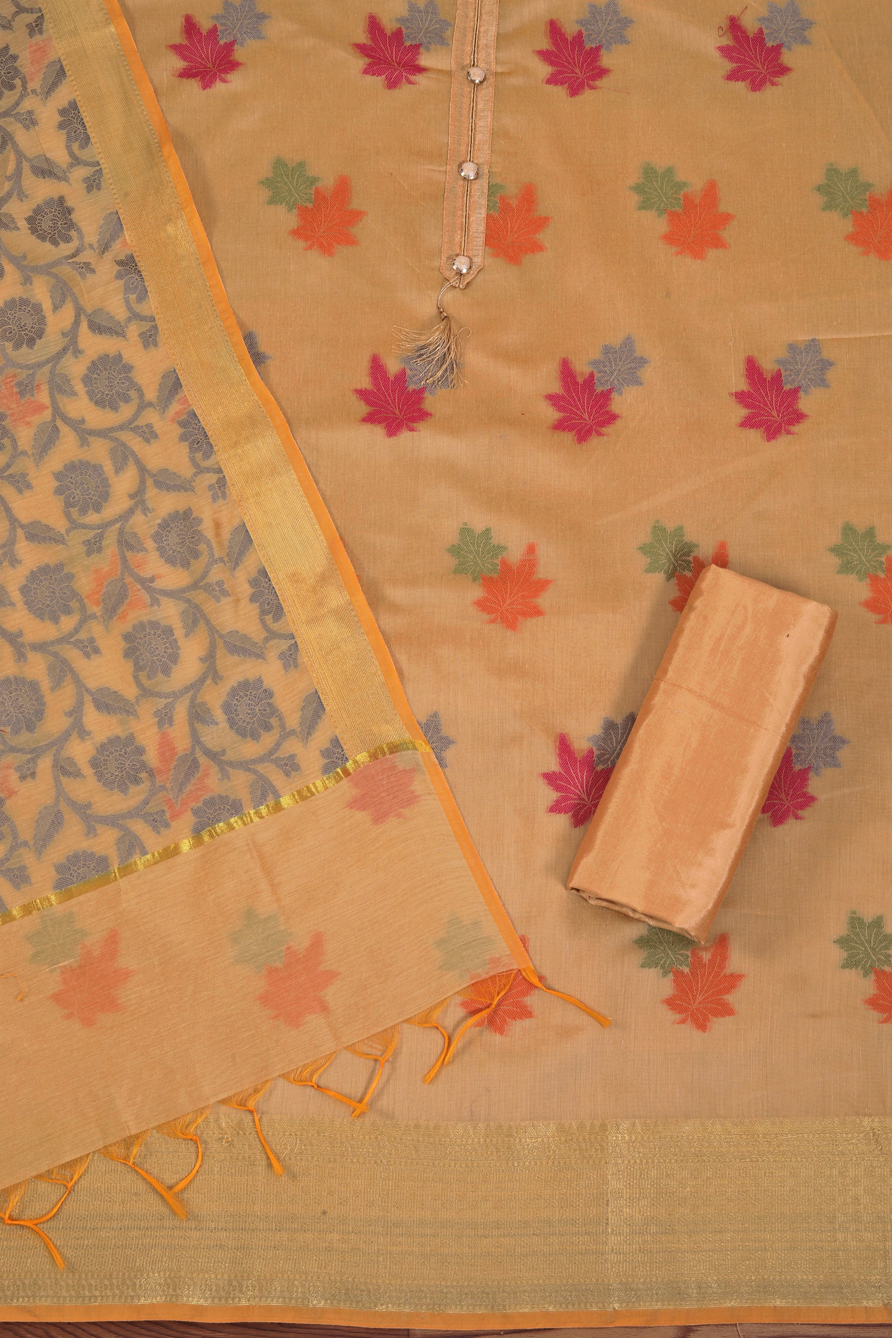 Yellow Embellished Jacquard Dress Material With Dupatta