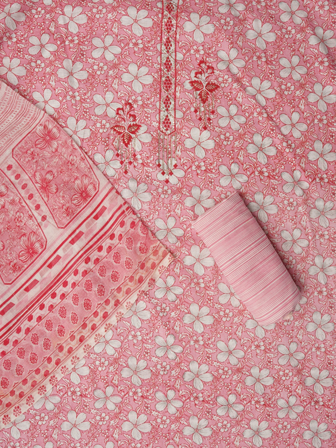 Pink Embellished Floral Printed Pure Cotton Dress Material with Dupatta