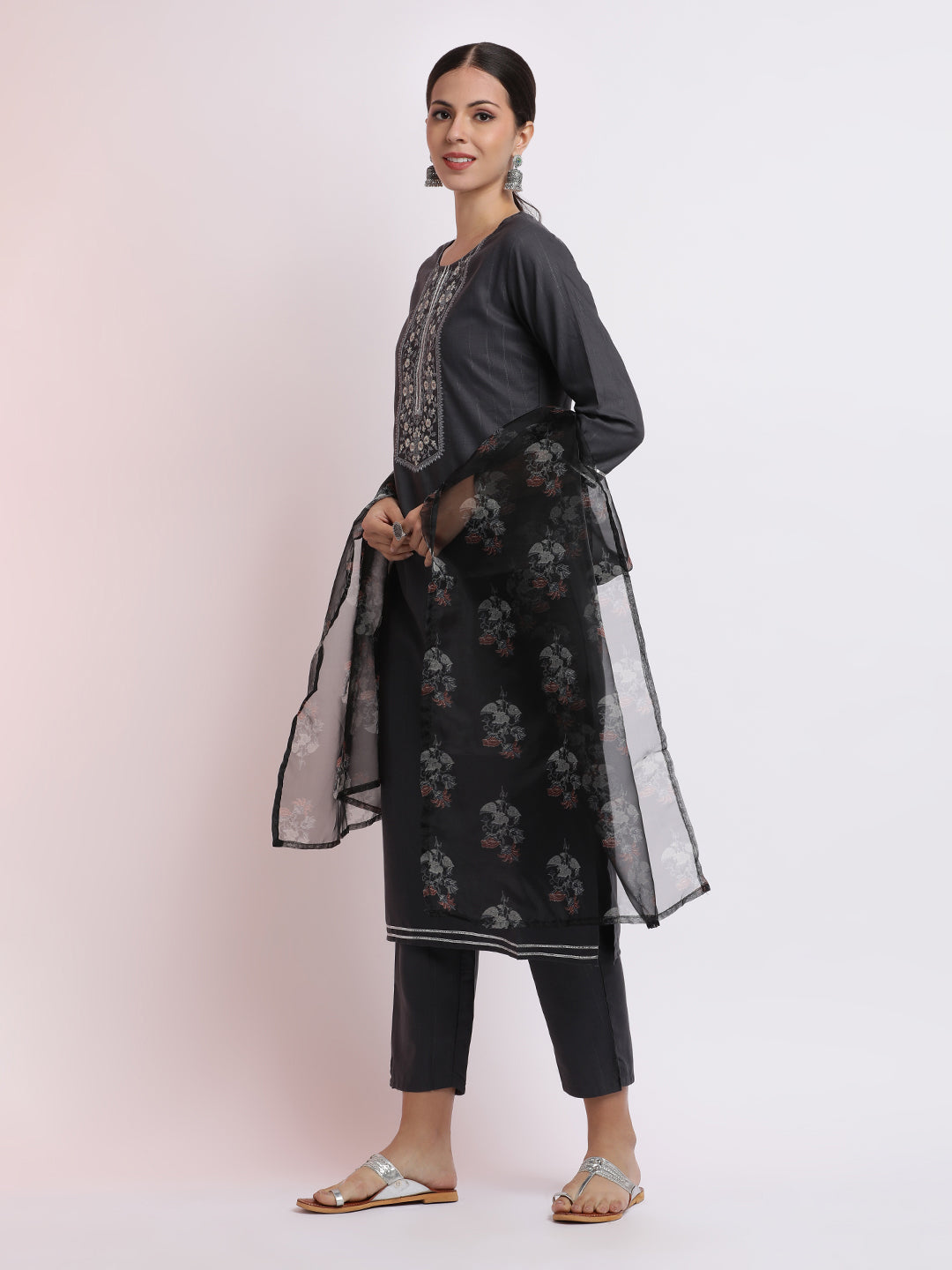 Poly Silk Embroidered Kurta Set With Organza Dupatta
