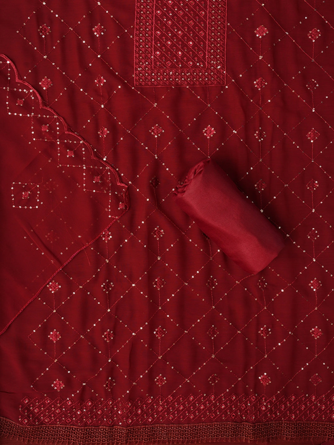 Maroon Embroidered Silk Georgette Dress Material with Dupatta