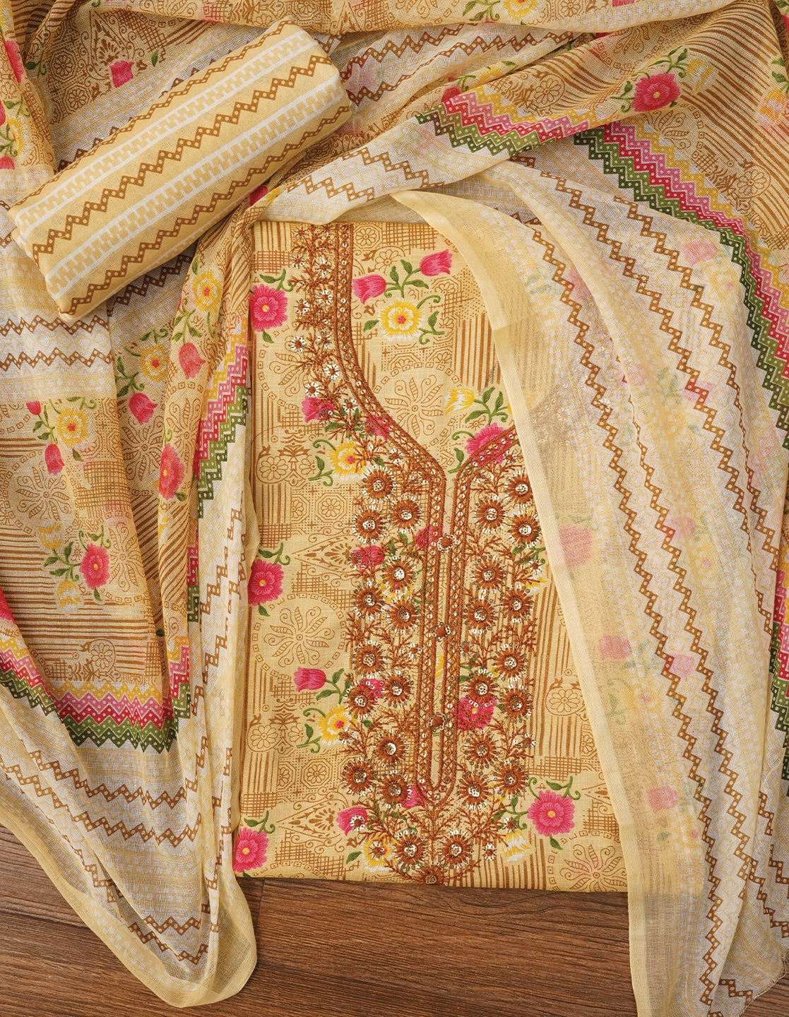 Sequin Embroidered Pure Cotton Floral Dress Material with Dupatta