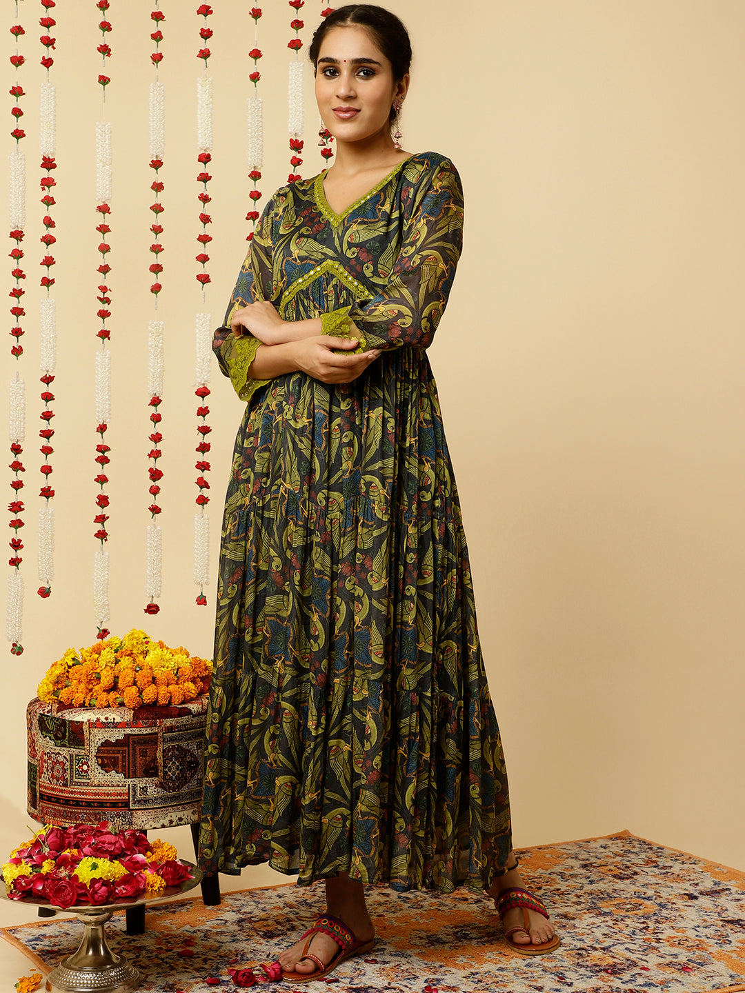 Green Animal Print Flared Kurta With Dupatta