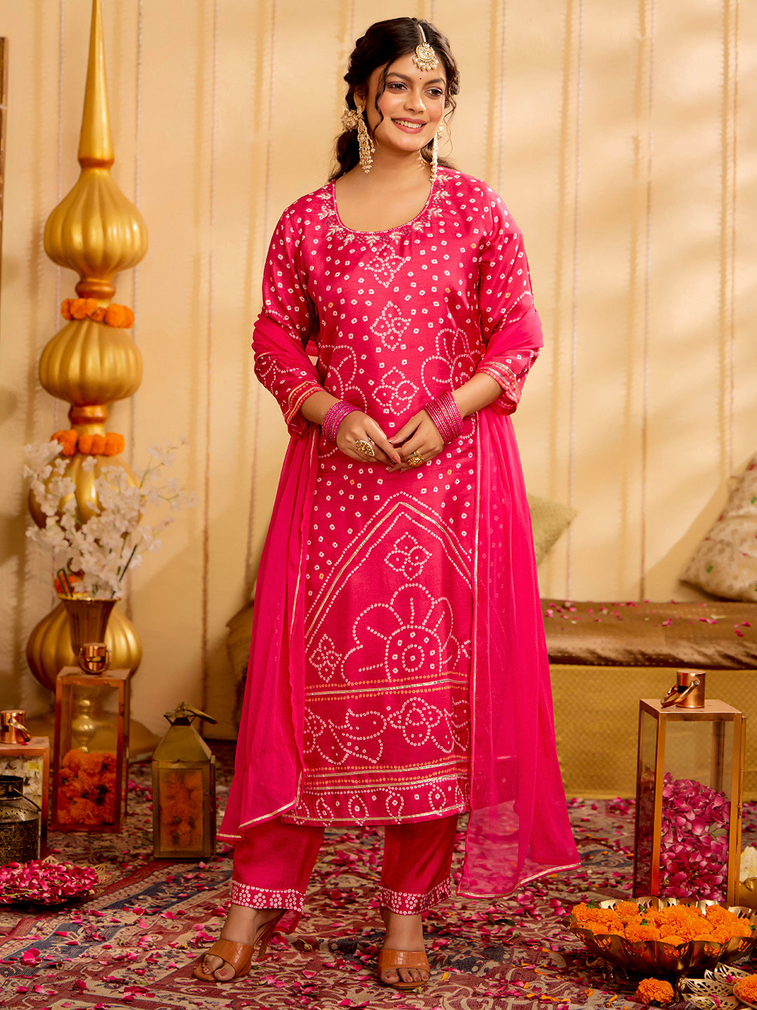 Fuchsia Bandhani Printed Festive Kurta Set With Dupatta
