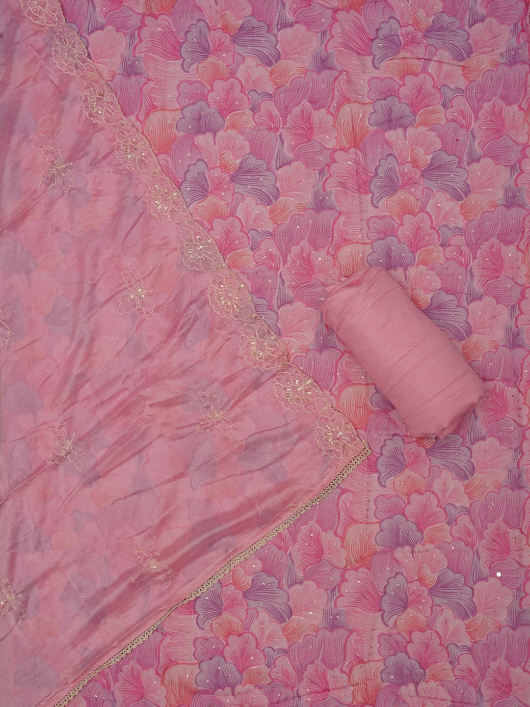 Pink Sequin Embellished Floral Printed Cotton Dress Material with Dupatta