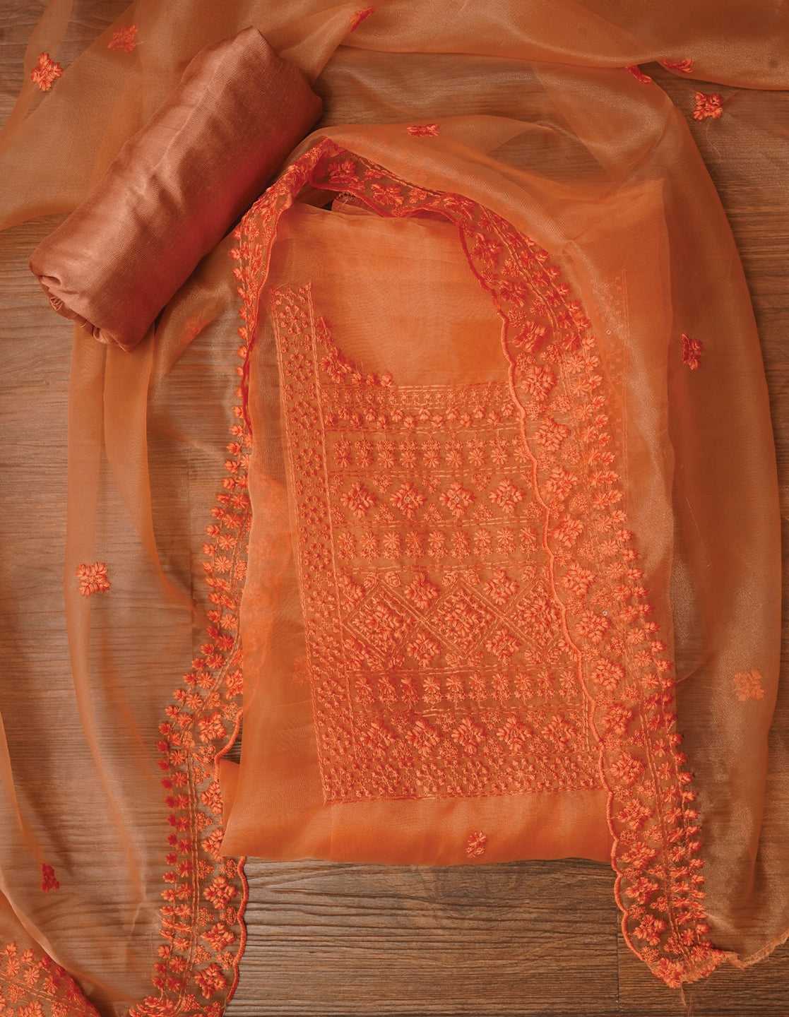 Orange Unstitched Embroidered Organza Festive Dress Material With Dupatta