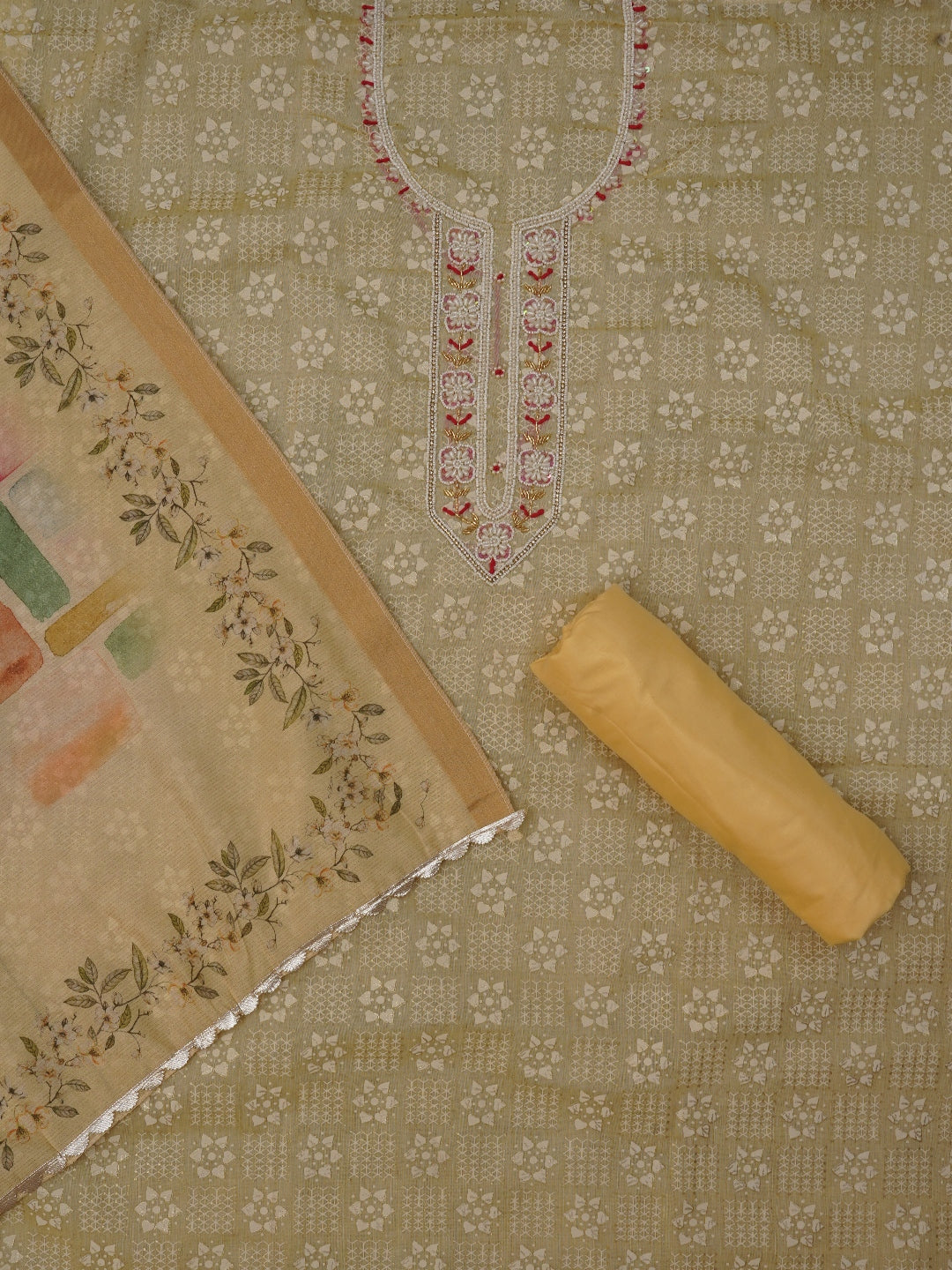 Yellow Printed Embellished Cotton Dress Material with Dupatta