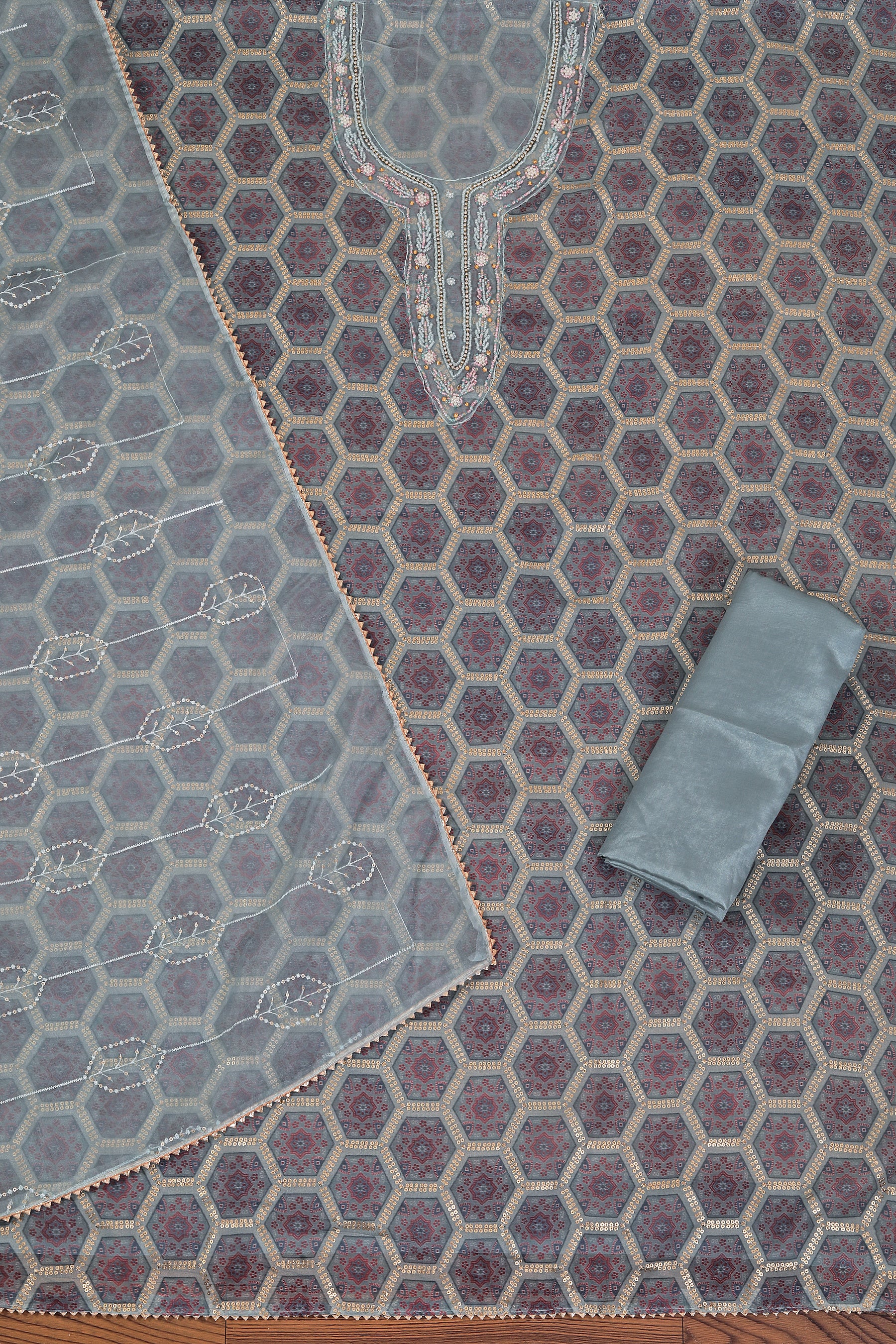 Green Organza Embellished Dress Material With Dupatta