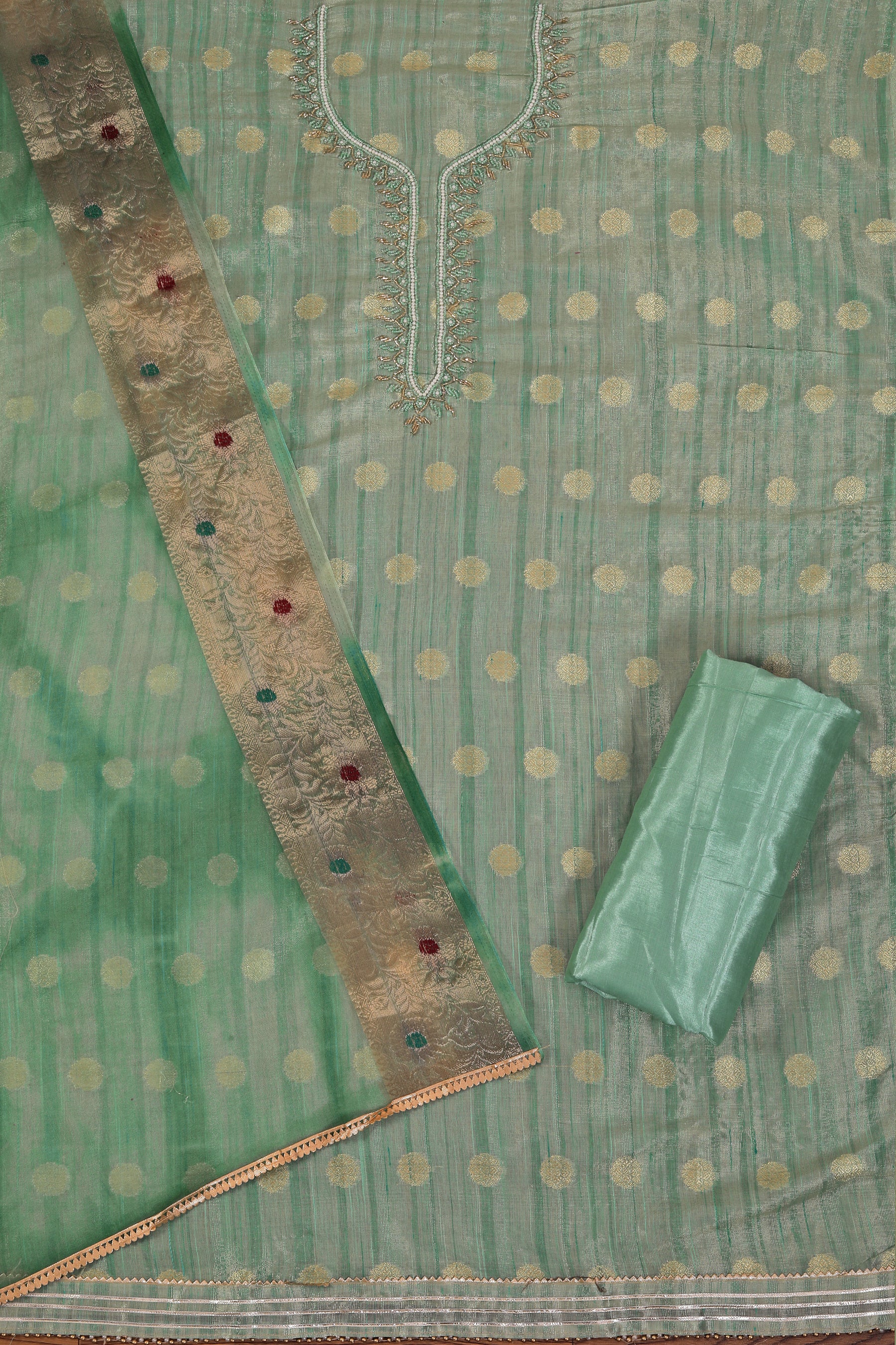 Green Embellished Organza Dress Material With Tie-Dye Dupatta