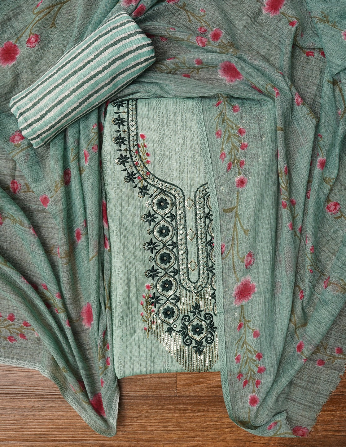 Green Embroidered Pure Cotton Dress Material with Dupatta