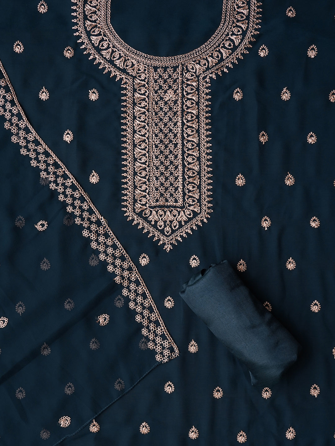 Unstitched Teal Embroidered Silk Georgette Dress Material With Dupatta