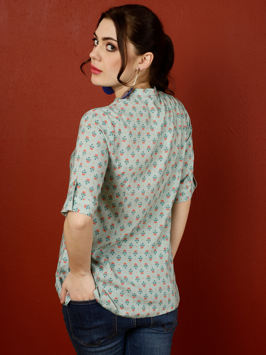 Blue Ethnic Printed Princess Cut Formal Top