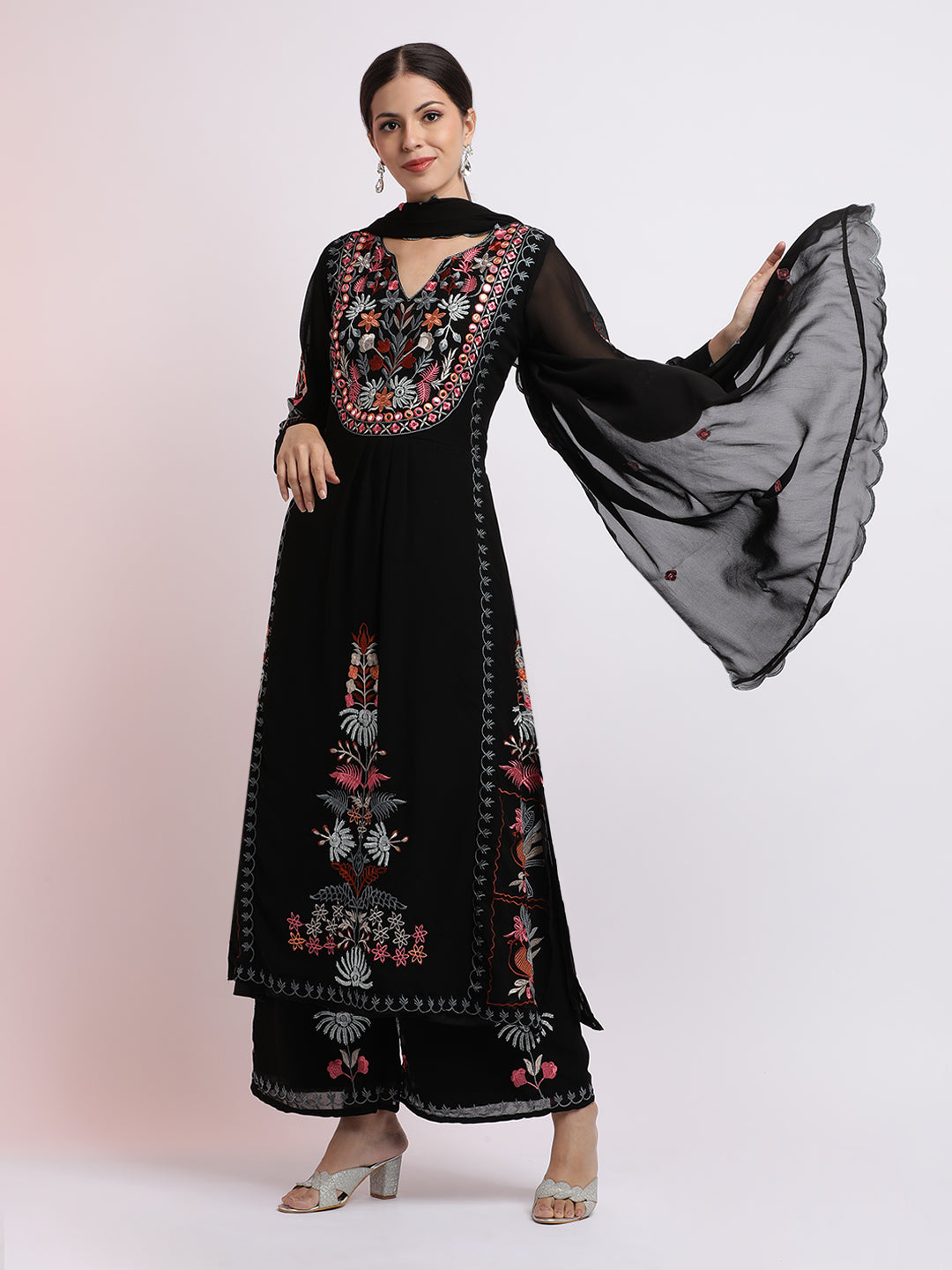 Black Thread Embroidered Georgette Kurta Set With Dupatta