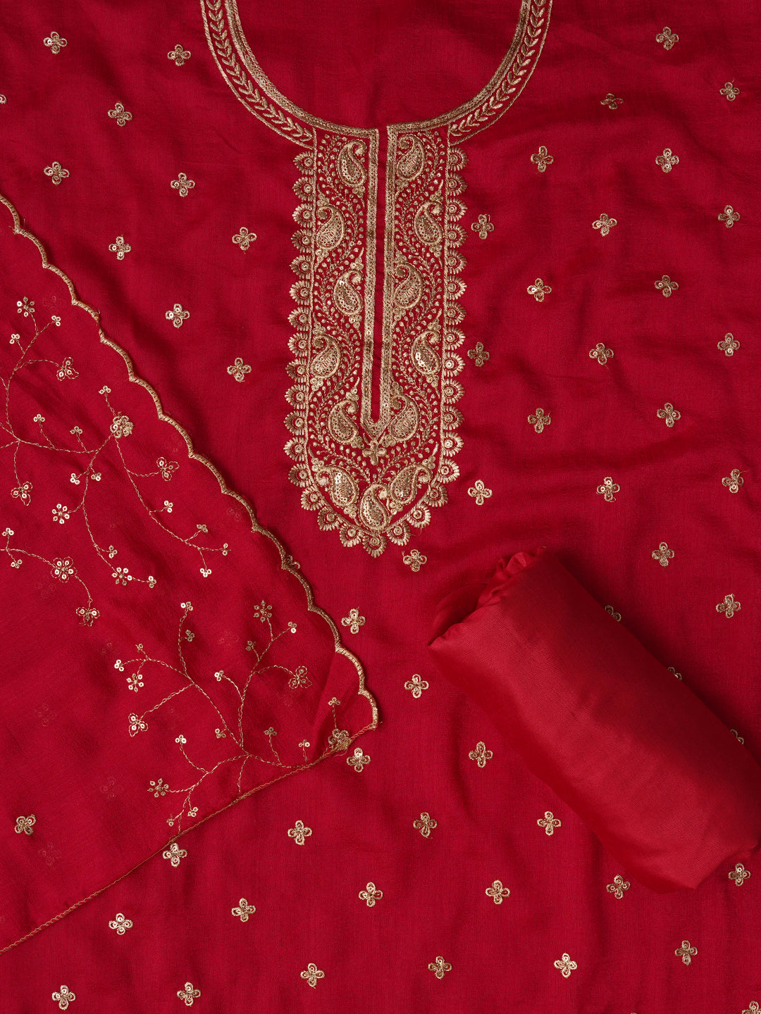 Unstitched Embroidered Pink Cotton Blend Dress Material With Dupatta