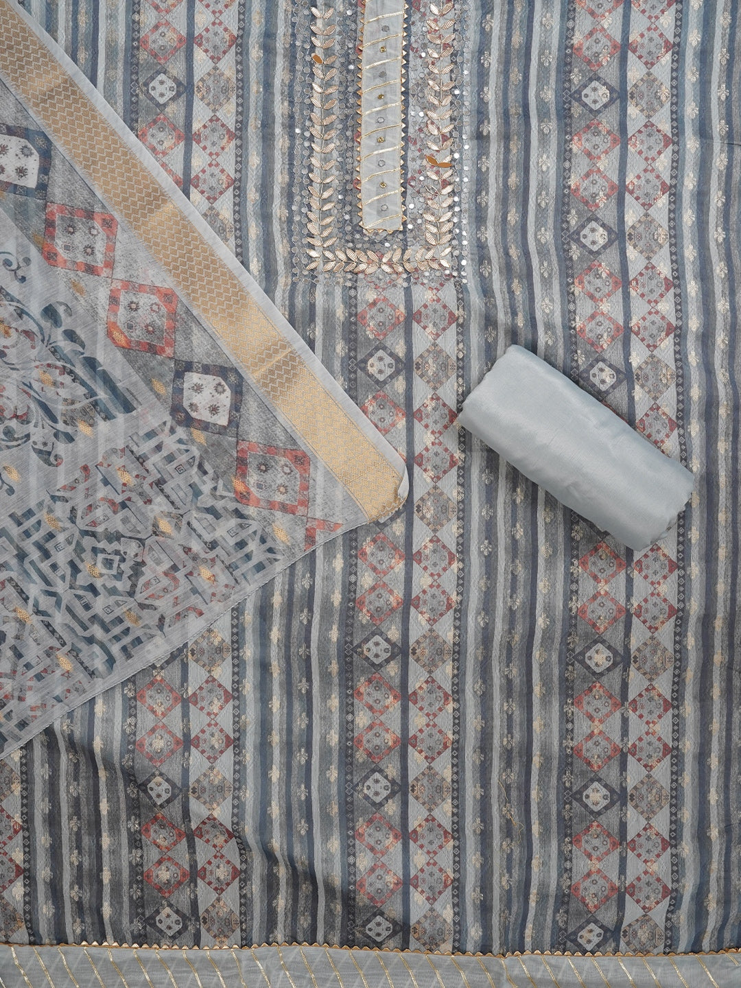 Teal Festive Silk Blend Zari Dress Material With Dupatta