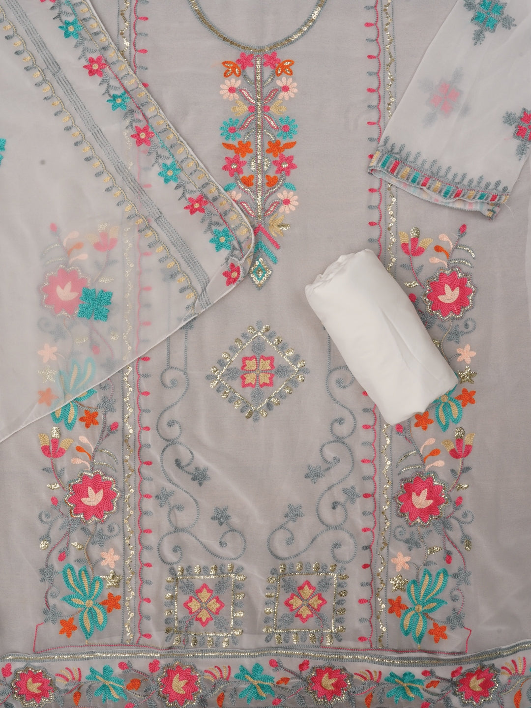 White Sequin Embroidered Silk Georgette Dress Material with Dupatta