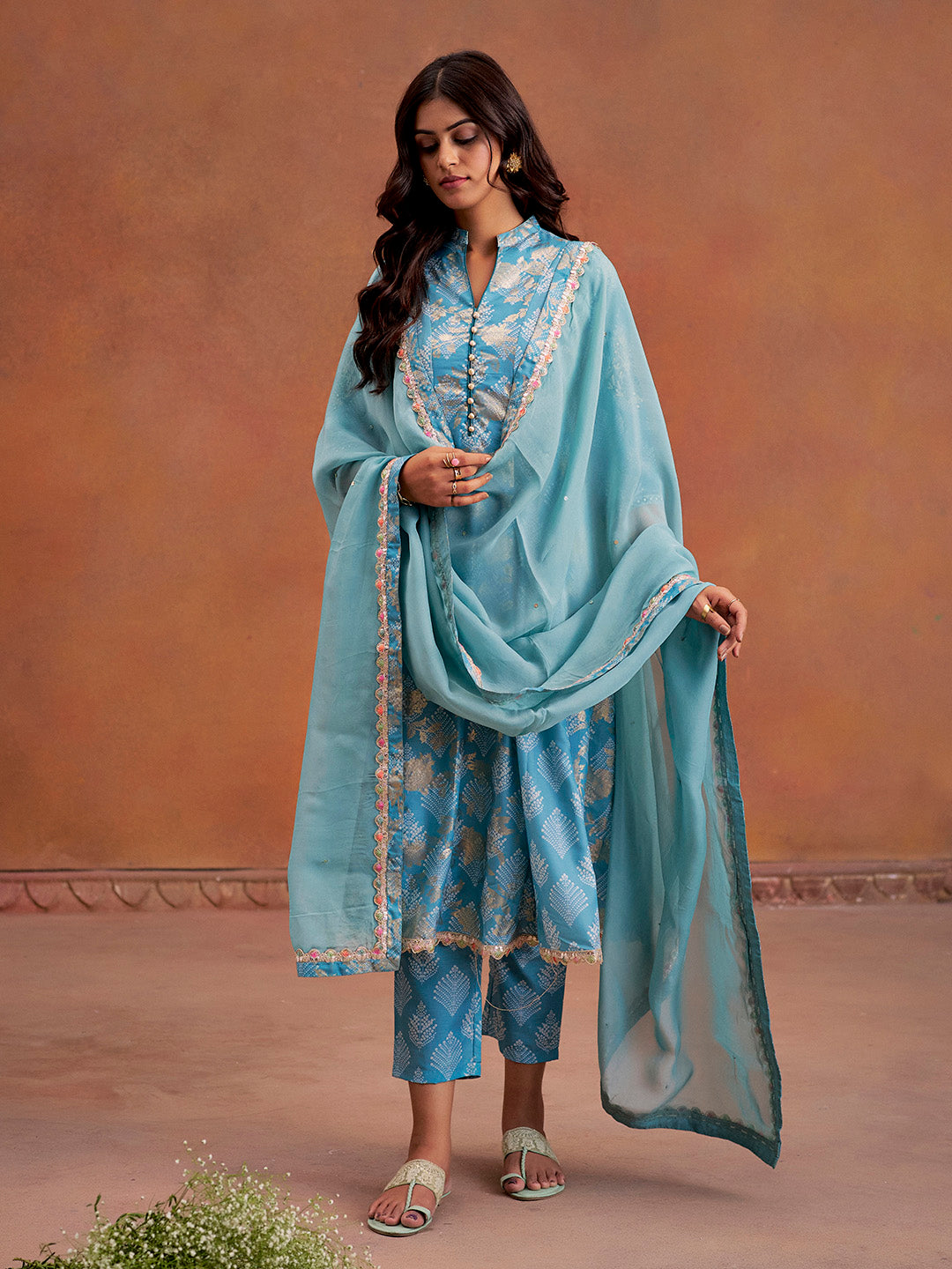 Blue Embroidered Bandhani Printed Festive Anarkali Kurta Set With Dupatta