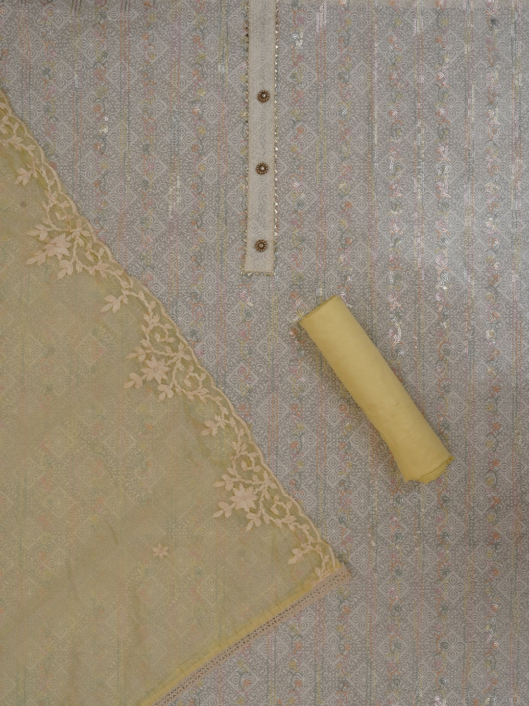 Sequin Embroidered Silk Blend Off White Dress Material with Dupatta