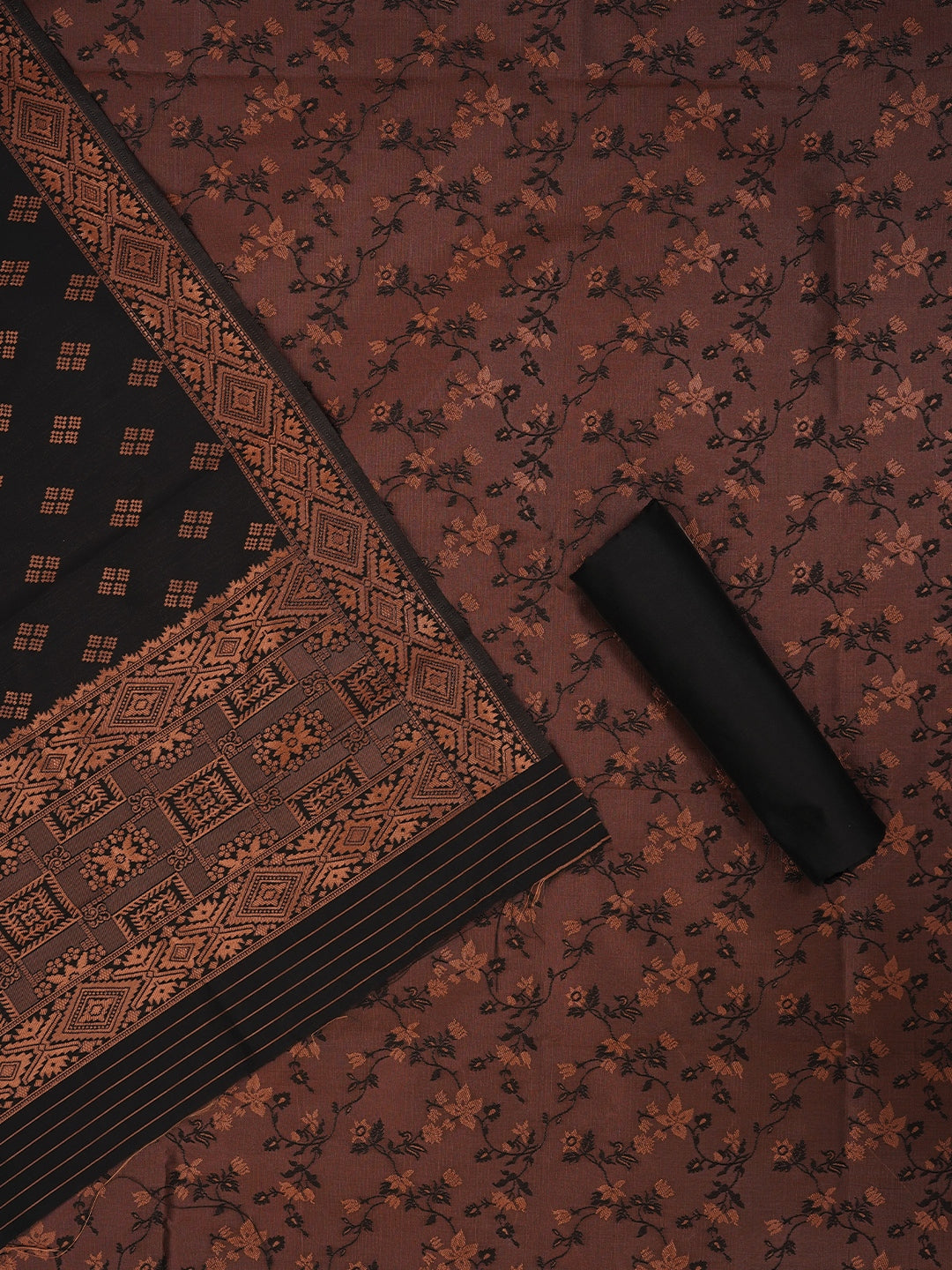 Black Floral Silk Zari Woven Dress Material with Dupatta